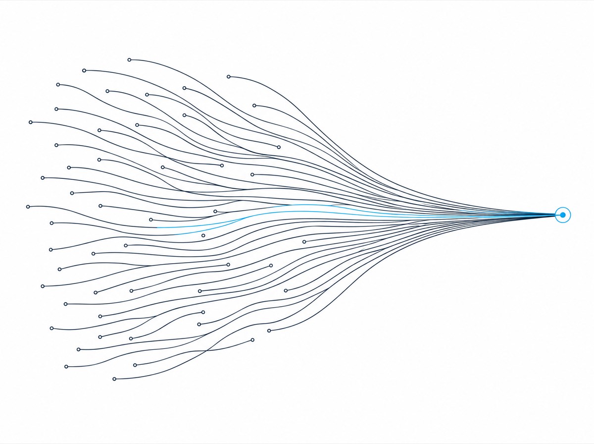 Line illustration: dozens of thin threads from separate locations converge into one cyan connection.