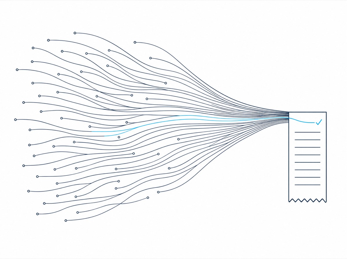 Line illustration: dozens of thin threads from separate locations converge into a single receipt marked with a cyan check.