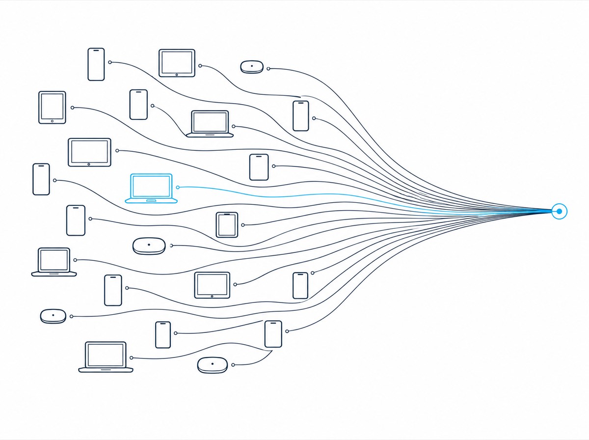 Line illustration: a mixed fleet of phones, tablets, laptops and hotspots, each linked by a thin line to one cyan node.