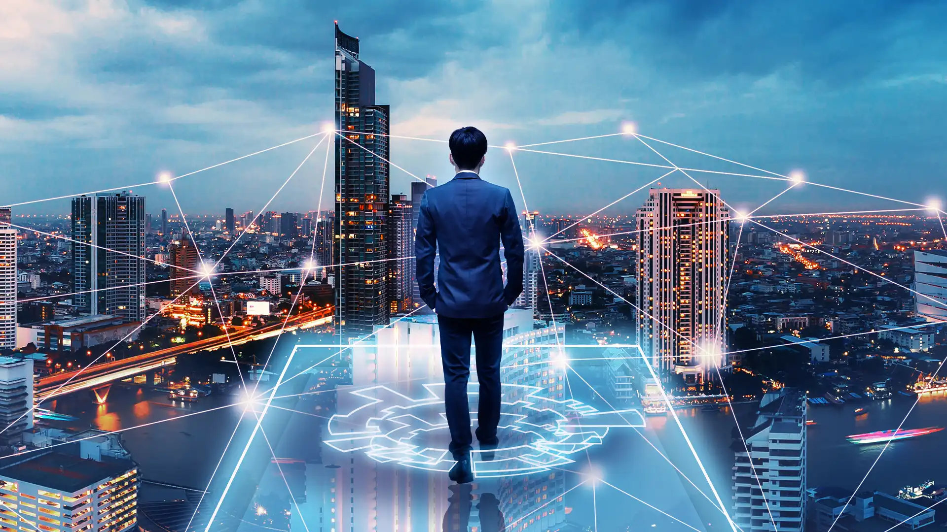 Man in suit stands on a digital cloud platform, overlooking a futuristic cityscape interconnected with digital lines, symbolizing strategic management and oversight in telecom and IT procurement